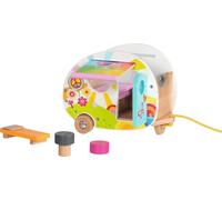 goki 51431 Caravane Camperfreude Goki66 Remorque de maison colorée en bois pour mini-poupées pliantes avec chaise longue, table, siège et auvent