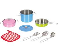 goki 51467 Lot de 9 ustensiles de Cuisine colorés en métal pour Enfants avec casseroles, couvercles, maniques et ustensiles de Cuisine à partir de 3 Ans