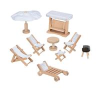 goki 51475 - Mobilier de Jardin pour Maison de poupée - Set de 9 pièces en Bois avec balançoire, Barbecue et Parasol