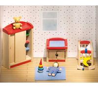 goki 51905 Meubles de poupées chambre d'enfant, rouge/bleu/naturel (1 set)