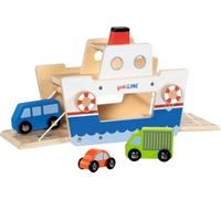 goki 53766 - Ferry de voiture gokiLINE en bois avec rampes de chargement à manivelle et 3 véhicules, ferry jouet avec voitures, kit de jeu pour voitures de jeu