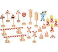 goki 53773 - Panneau de signalisation policière Ole - Jeu de 21 pièces en bois avec panneaux de signalisation, barrières, cônes de circulation et flic