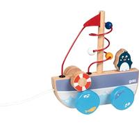 goki 54849 AHOI Bateau à Tirer avec nœud motricité en Bois, Jouet à Tirer avec Motif Bateau, Jouet éducatif avec Ficelle, Jouet pour bébé favorise la Coordination et la motricité, 17 cm x 7 cm x 19