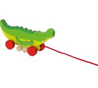 goki 54852 - Jouet à tirer crocodile Cosmo & Crok en bois, jouet à tirer avec motif animal, jouet éducatif avec ficelle, jouet pour bébé favorise la coordination et la motricité, 22 cm x 6 cm x 10 cm,