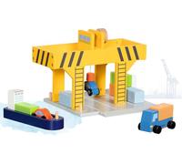 goki 55826 - Grue portuaire en bois avec conteneur, navire cargo et véhicules, grue de pont/grue à conteneurs avec manivelle et élévateur magnétique, kit de jouets