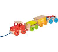 goki 55841 Train de marchandises GK-Rail - grand train de jeu en bois avec locomotive, 3 wagons et chargement, à charger et à tirer, longueur env. 55 cm
