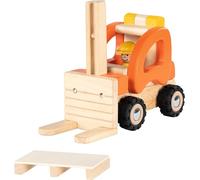 goki 55850 Chariot élévateur en bois, véhicule de jeu robuste avec pneus en caoutchouc mobiles, surface de chargement réglable et palette, favorise la motricité et l'imagination des enfants, 20 cm x 9