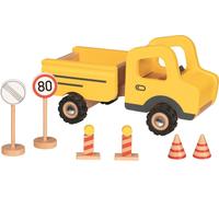 goki 55894 Véhicule de chantier avec panneaux de signalisation 23,2 x 12,6 x 12 cm, bois, jaune