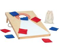 Goki Jeu de Cornhole en bois et coton - 8 sacs, pieds pliables, sac de transport