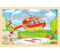 goki 57301 Puzzle à insérer hélicoptère/pompier, 24 pièces en bois imprimé des deux côtés, pour un double plaisir de puzzle, 30 x 20 cm
