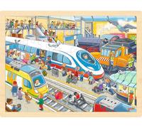 goki 57316 - Puzzle de Gare en Bois - Puzzle 96 pièces pour Enfants avec scène Quotidienne, Environ 40 cm de Large, à partir de 4 Ans