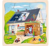 goki 57322 Puzzle à couches Nous construisons une maison, 3 couches avec motifs de phases de construction de maisons, favorise la motricité et la capacité de résolution de problèmes des enfants, 20 cm