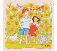 goki 57324 Puzzle à Couches Champ de Tournesol, 3 Couches avec Motifs des Phases de Plantation dans Un Champ, favorise la motricité et la capacité de résolution de problèmes des Enfants, 20 cm x 20