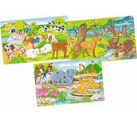 goki 57377 - Puzzle Animaux en Bois - 3 Motifs différents avec Animaux - avec Animaux de la forêt, Animaux du Zoo et Animaux de la Ferme
