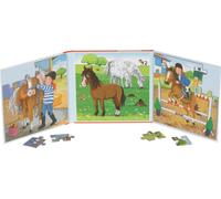 goki 57383 Livre-puzzle du centre équestre 17,3 x 17,3 x 1,2 cm, 2 x 20 pièces, 2 motifs, magnétique, multicolore
