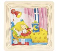 goki 57424 Puzzle à couches Ma journée 20 x 20 x 1,5 cm, bois, 4 couches, 20 pièces, multicolore