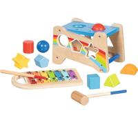 goki 58304 - Banc de marteau avec xylophone et fonction tri, jouet de motricité en bois 12 pièces avec carillon amovible - Banc de frappe 3 en 1, boîte de tri, xylophone