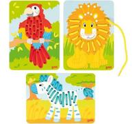 goki 58686 Jeu d'enfilage perroquet, lion, zèbre 12 x 16,5 cm, bois, 3 pièces, 6 ficelles, multicolore (1 kit)