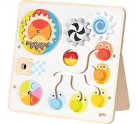 goki 59959 - Planche d'activités et de motricité, jouet de motricité en bois avec engrenages, appareil de pluie, labyrinthe coulissant, puzzle rotatif et miroir