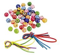 goki 60945 Perles avec rubans, Ø=10 mm, bois, 3 rubans, 44 perles (couleur au hasard, 1 set)