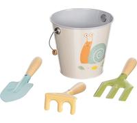 goki 63870 Escargot, Seau avec bêche, râteau et Fourche à Creuser, Outil de Jardin coloré favorise l'imagination et l'intérêt pour la Nature, Le Bois et Le métal, Lot de 4, à partir de 3 Ans,