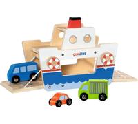 goki 53766 - Ferry de voiture gokiLINE en bois avec rampes de chargement à manivelle et 3 véhicules, ferry jouet avec voitures, kit de jeu pour voitures de jeu