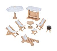 goki 51475 - Mobilier de Jardin pour Maison de poupée - Set de 9 pièces en Bois avec balançoire, Barbecue et Parasol