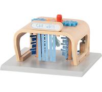 goki PowerClean 53779 Station de Lavage de Voiture en Bois - Kit de Jeu avec brosses, Rideaux en Feutre et buse de pulvérisation, env. 16 × 16 × 10 cm