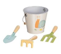 Goki Outils de jardin 63870 Escargot, seau bêche râteau fourche, bois et métal, Lot de 4