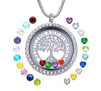 GOKING Familes Are Forever Collier avec médaillon flottant Arbre de vie avec 24 pierres de naissance, 30mm * 30mm * 7mm, 21.6 inches (adjustable), Strass, Strass
