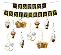 Goktvai Bannière « Joyeux Anniversaire », Bannière d'Anniversaire Noire et Dorée avec Ballons Suspendus Amusants Champagne, etc., Guirlande Romantique Pré-Montée pour Décoration de Mariage