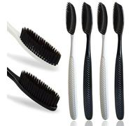 Gold Dawn Lot de 4 brosses à dents à tête énorme, poils noirs moyens, doux au charbon, excellent effet de nettoyage, brosse à dents améliorée pour soins dentaires et dents et gencives sensibles.