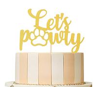 Gold Let's Pawty Décoration de gâteau d'anniversaire pour animal de compagnie, chiot garçon et fille Motif chien à paillettes dorées