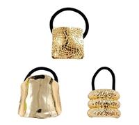 Gold Metal Hair Ties 3 Pack | Non-Damaging Gold Hair Ponytail Holders | Elegant Retro Geometric Design Hair Accessories for Women, Secure Ponytail Bands for Daily, Work, and Casual Styles