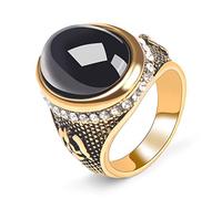 Gold Oval Black Obsidian Stone Wide Band Band pour les femmes, rétro 14k Gold plaqué Retro Bijoux pour hommes Gemstone Crystal Turkish Full Finger Band Taille 8