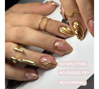 Gold Press On Nails ¿ 24 Faux Ongles Amandes Courts Avec Design Nervures Dorées 3d, Ongles Complets Brillants En Acrylique À Coller Pour Femmes & Filles, Set Manucure Nude Rose