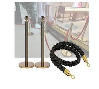 Gold Stainless Steel Barrier Post Set With 1.5M Colorful Polyester Rope, 6 Pcs For Exhibitions, Weddings, And Events - Durable And Stylish Crowd Control Solution.-Black Rope-2 PCS set w/1 rope