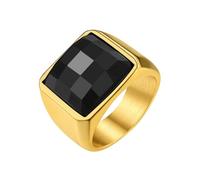 GoldChic Bague Homme Acier Or Plaque 69 Grande Pierre Noir 15 * 15 mm Petit Anneau Chevaliere Zircon Inoxydable Bagues Garcon Zirconium Bijoux Pouce Index Annulaire