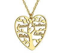 GoldChic Bijoux Cadeau Maman Personnalisé Prenom Femme Or Collier Coeur Or Plaqué Pendentif 4 Prenoms des Enfants Symétrique Acier Généalogique Famille Fêtes des Mères Chaine Forcat Acier 50 cm Amie