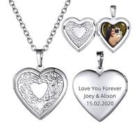 GoldChic Chaine Femme Porte Photo Gravé Collier Medaillon Ouvrant Personnalisable Pendentif Personnalisé Graver Acier Inoxydable Coeur Fille Argenté Bijoux Cadeau Noël Valentin Fête Mères Pères Amour
