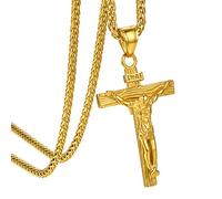 GoldChic Collier Croix Homme Inri Or Plaque Pendentif Chretienne Croix Femme Chaine avec Pendentif Religieux Acier Amulette de Protection