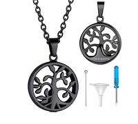 GoldChic Collier Femme Arbre de Vie Urne Funéraire Cendre Crémation Pendentif Personnalisé Photo Gravé Coeur Souvenir Animaux Chien Chat Chaine Acier Inoxydable Prénom Nom Noir Bijoux Cadeau Pâque