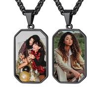 GoldChic Collier Femme Porte 2 Photo Enfant Gravé Pendentif Plaque Militaire Personnalisé Prénom Chaine Spiga Acier Inoxydable Médaillon Noir Bijoux Cadeau Noël Valentin Fête Mères Pères