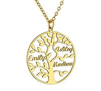 GoldChic Collier Personnalisé 3 Prenoms Argent Or Plaqué Pendentif Maman Arbre de Vie des Enfants Femme Généalogique Famille Fêtes des Mères Chaine Forcat Argent 46 cm Cadeau Mariage Meilleur Amie