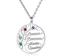 GoldChic Collier Personnalise 4 Prenoms des Enfants Zircon Cadeau Maman Pendentif Femme Arbre de Vie Généalogique Famille Fêtes des Mères Chaine Forcat Acier 50 cm Anniversaire Mariage Meilleur Amie