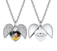 GoldChic Collier Photo Personnalisé Coeur Pendentif Medaillon Photos Aile Ouvrant Gravé Cadeau Maman des Enfants d'amité Bff Chaine Fine Acier Bijoux Noël Fête des Mères Valentin Amour