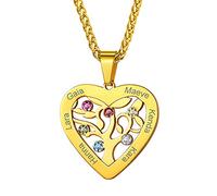 GoldChic Collier Prenom Personnalisé 6 Pendentif Arbre de Vie Pierre de Naissance Femme Nom Gravé Chaine au Coeur Fille Acier Inoxydable Or Bijoux Cadeau Fête des Mères Noël Mariage