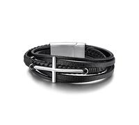 GoldChic JEWELRY Bracelet en Cuir Véritable pour Hommes Croix en Acier Inoxydable Bracelets Tressé avec Fermoir Magnétique Argent/Noir 19/21/23cm Bijoux Cadeau Garcon Enfant Halloween avec Boîte