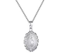 GoldChic Jewelry Collier Femme Médaillon Saint Marie Plaqué Or Blanc, Chaîne Acier Inoxydable avec Pendentif Vierge en Cuivre, 50+5cm