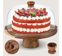 Goldeluxe Présentoir à gâteau 30cm en bois | plateau gâteau double face, support gâteau multifonction avec socle amovible et cloche à gâteau PET transparente | Idéal mariage, fête, après-midi thé